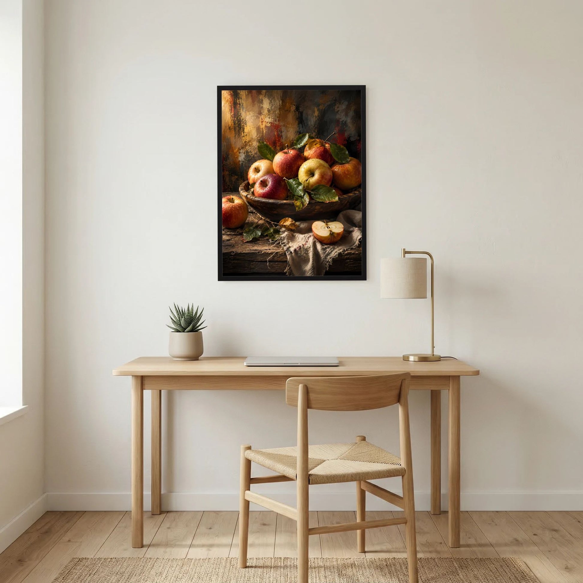 Gerahmtes Hochformat-Poster mit Apfel-Stillleben: Äpfel, Blätter und Schale