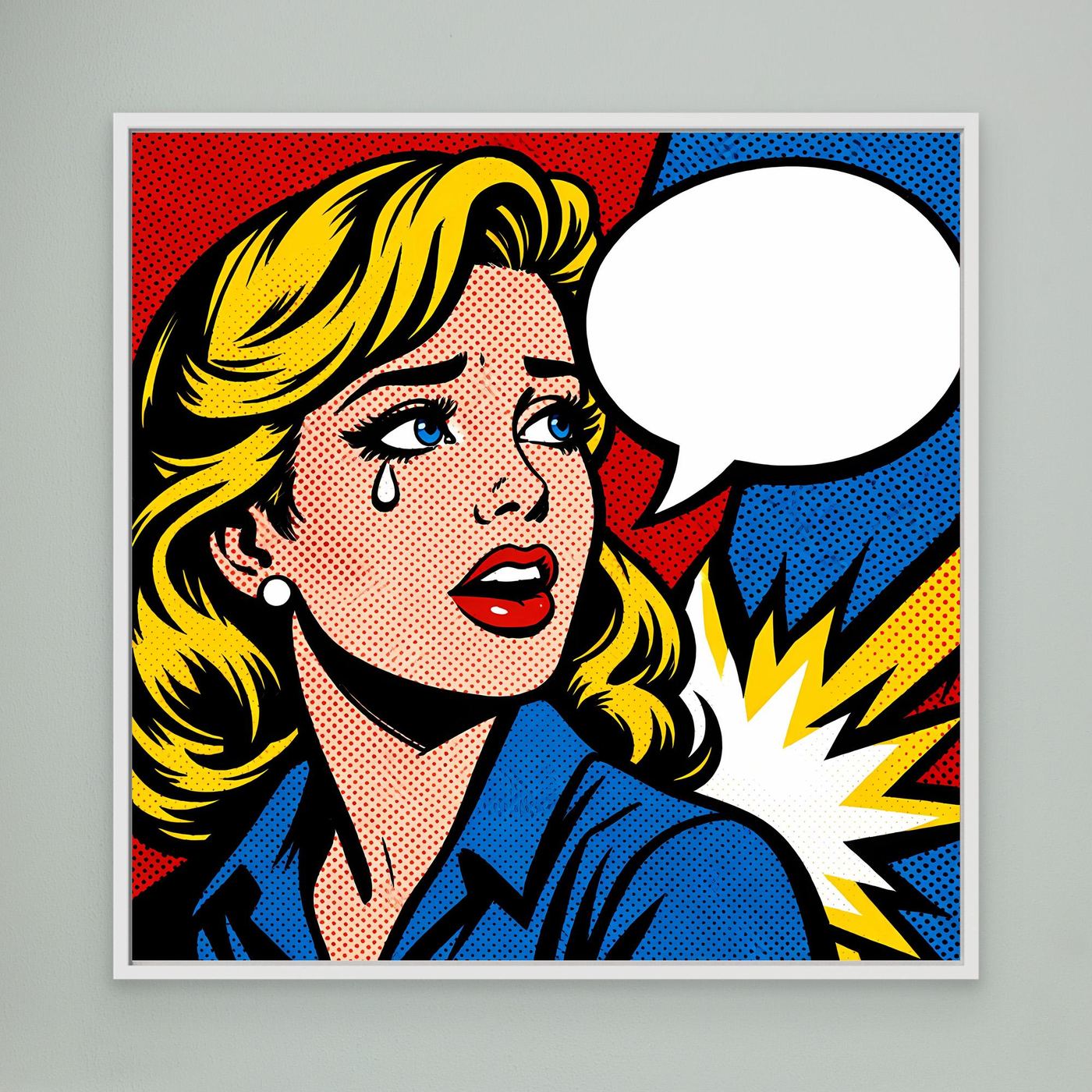 Leinwandbild: Pop-Art-Frau mit Sprechblase, blonde Haare, blaues Hemd, weißer Rahmen