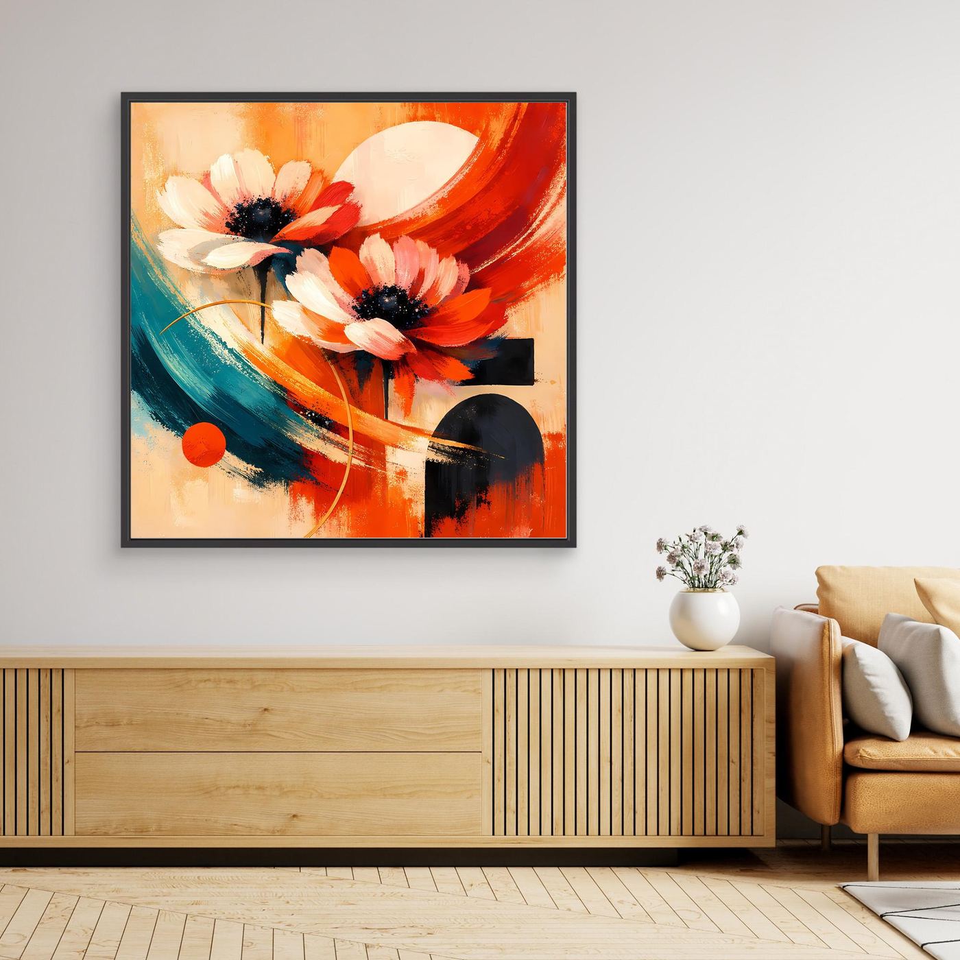 Gerahmtes Leinwandbild mit abstrakten Anemonenblüten in Orange und Teal, schwarzer Rahmen.