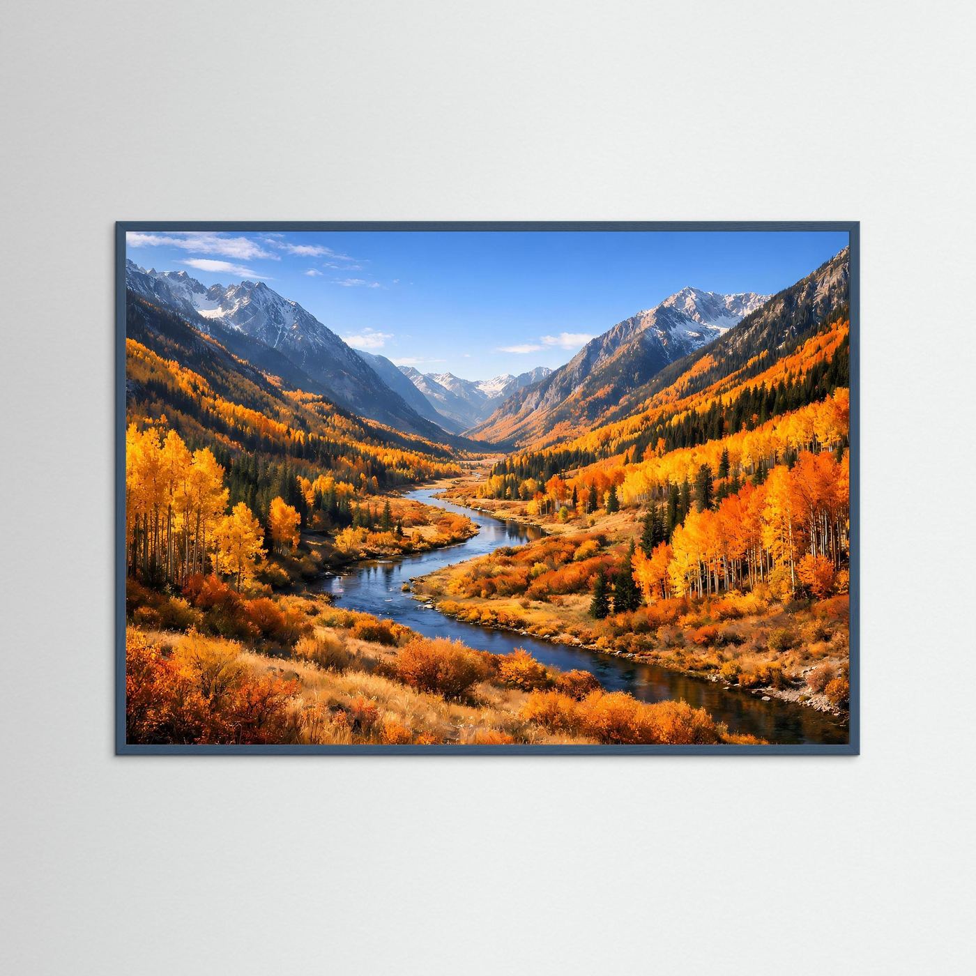 Poster mit Bergtal-Landschaft und Fluss im Herbst, dunkelblauer Rahmen