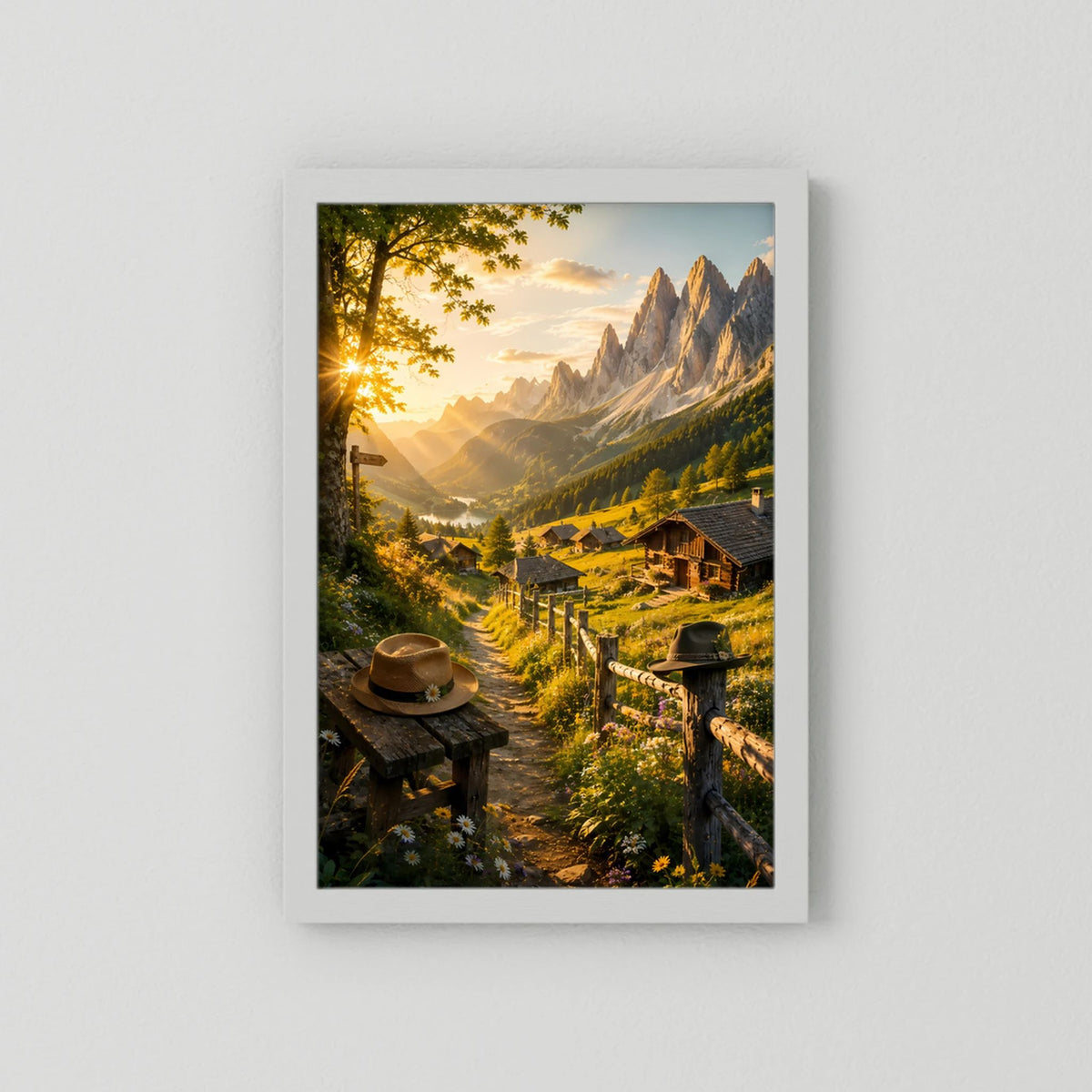 Hochformat-Poster Bergtal mit Almhütten, Sonnenlicht, helle Einfassung