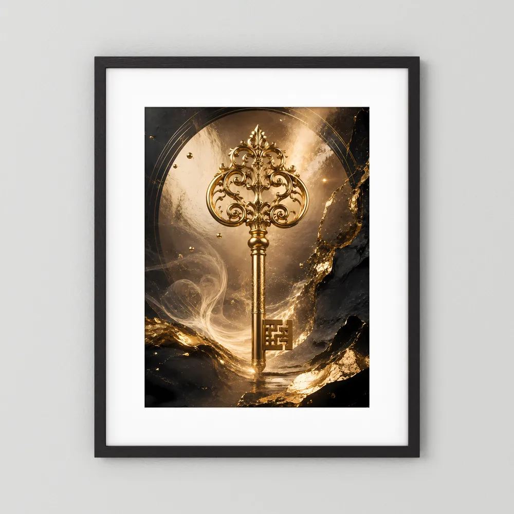Hochformatiges Kunstposter mit goldenem ornamentierten Schlüssel im schwarzen Rahmen