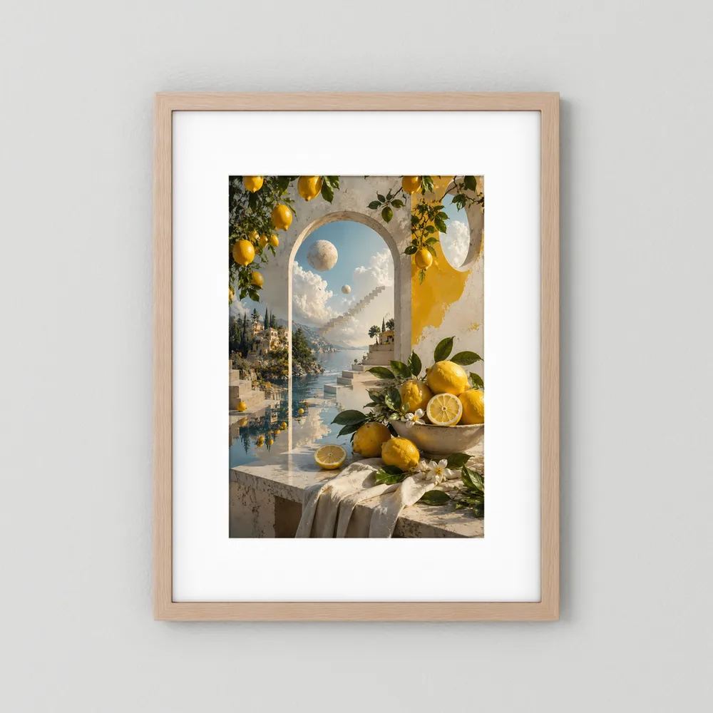 Kunstposter im Hochformat mit hellem Holzrahmen und weißen Rand, Zitronen & Meer