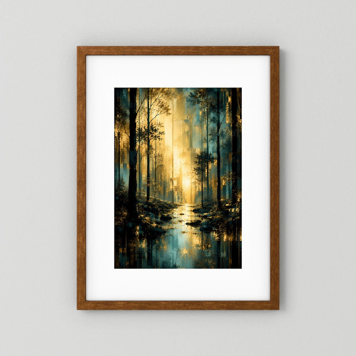 Hochformat-Poster mystischer Wald in Türkis und Gold, brauner Holzrahmen
