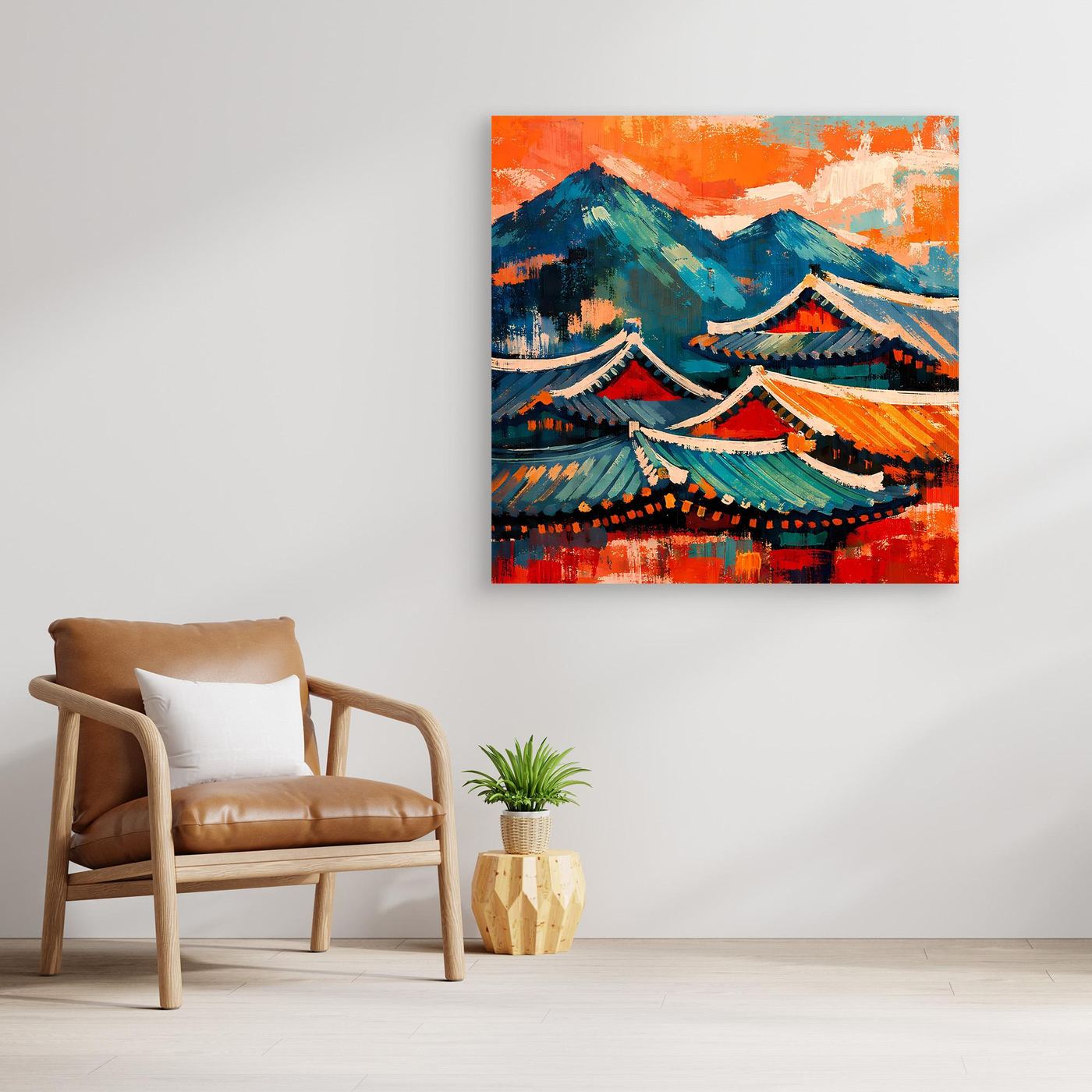 Abstraktes Wandbild mit Pagodendächern und Bergen in Blau, Grün und Orange, mit Rahmen