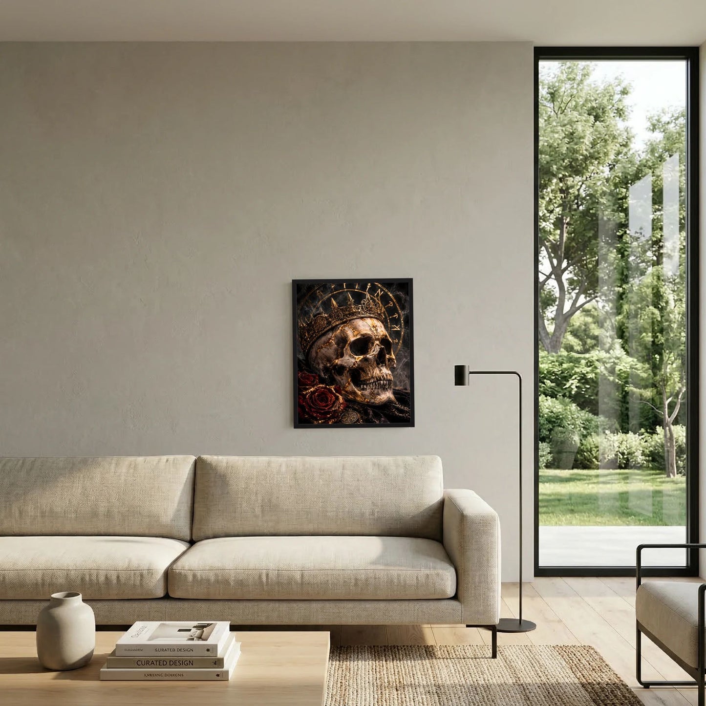 Gerahmtes Poster mit Totenkopf, goldener Krone und Runenring, rote Rosen, schwarz-gold