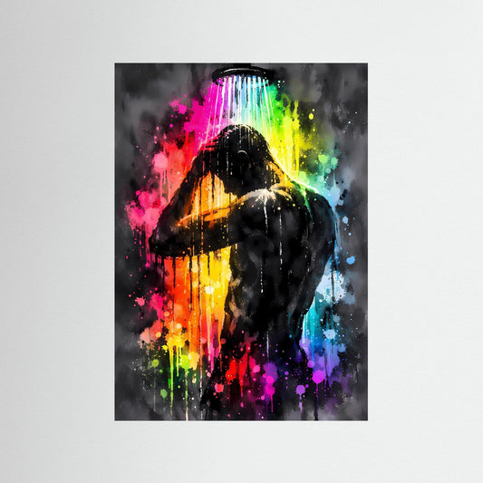 Die Kunst der Erfrischung | Neon Dusch-Poster mit männlicher Silhouette & Regenbogen-Farben | Abstraktes Pop-Art Kunstposter Hochformat