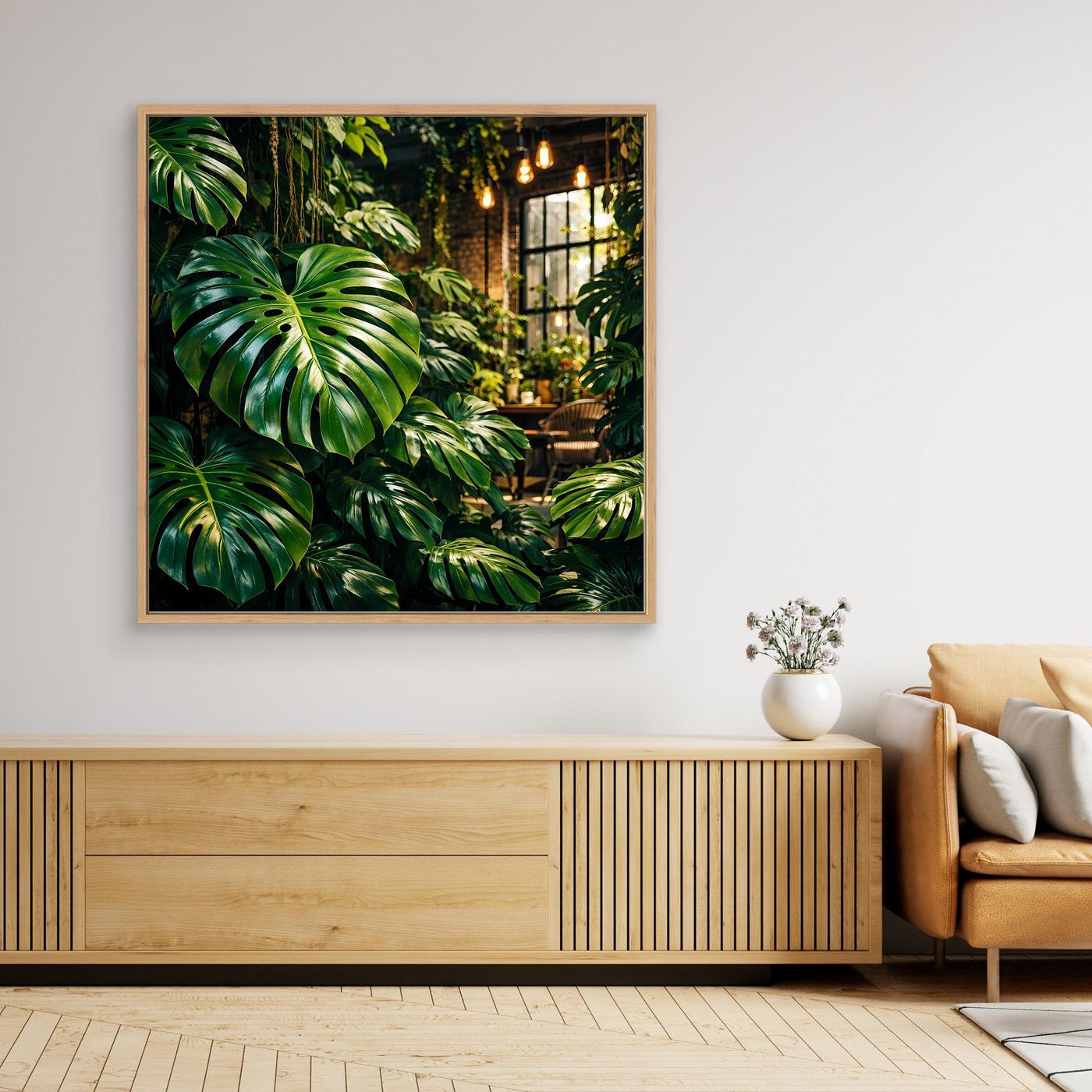 Leinwandbild mit grünen Monstera-Blättern und Dschungelweg, braun gerahmt