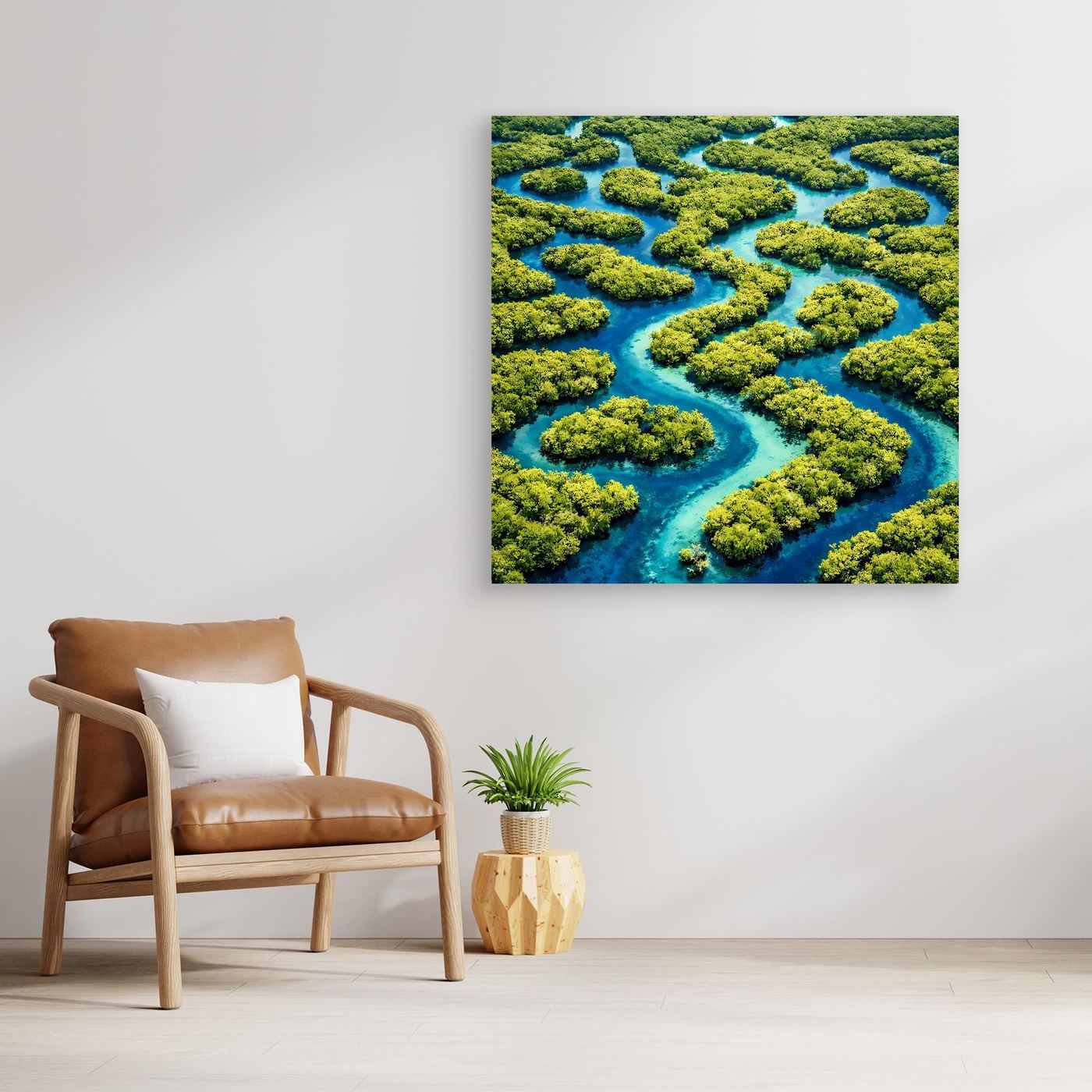 Gerahmtes Leinwandbild: grünes Wasserlabyrinth mit blauen Flussarmen, abstrakte Naturoptik