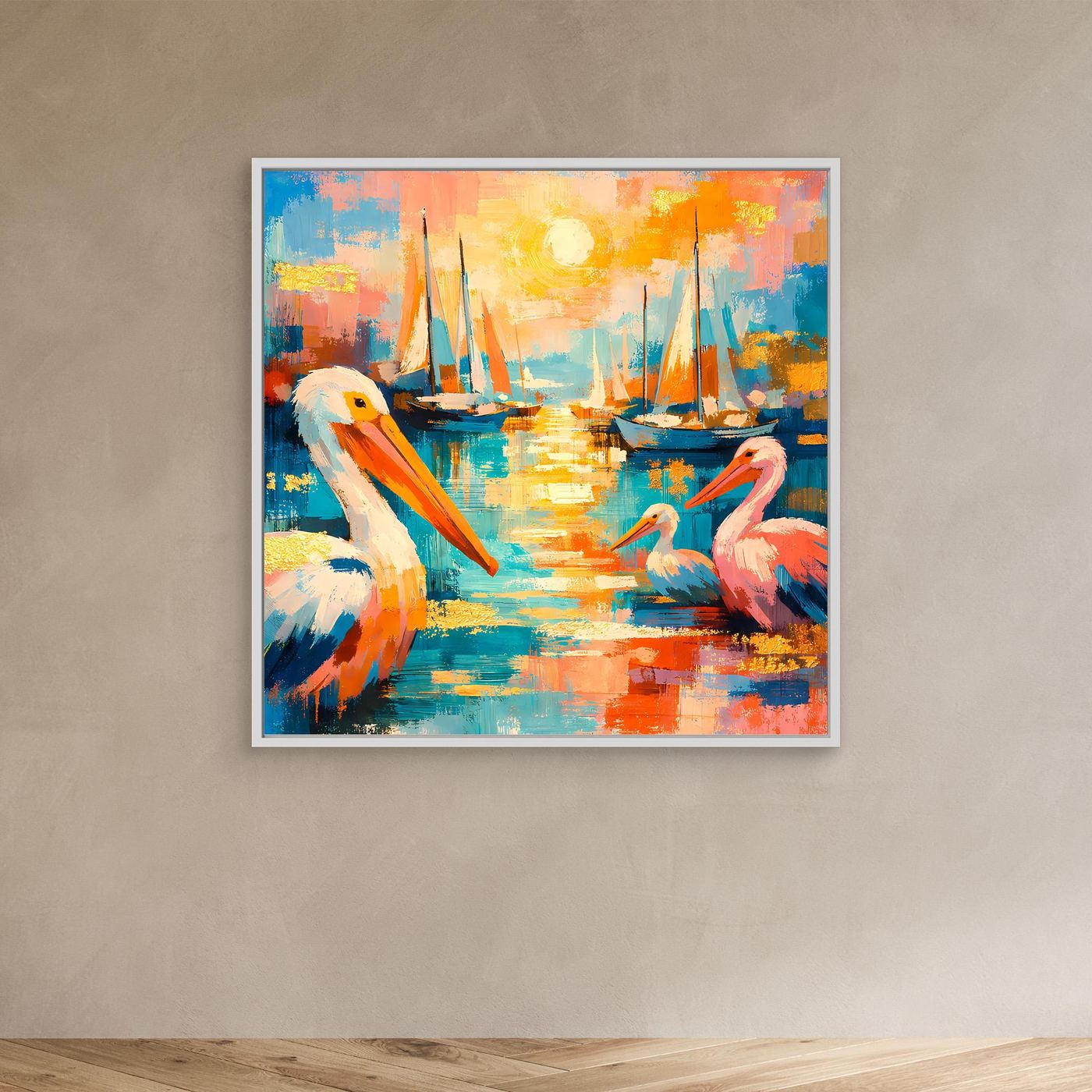 Leinwandbild mit bunten Pelikanen am Hafen und Segelbooten, weißer Rand am Bild