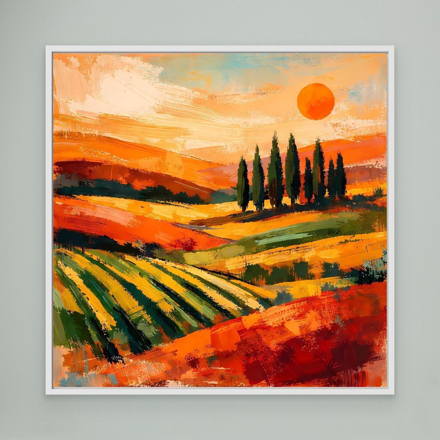 Leinwand-Wandbild Toskanische Hügellandschaft, orange Sonne und Zypressen, weiß gerahmt