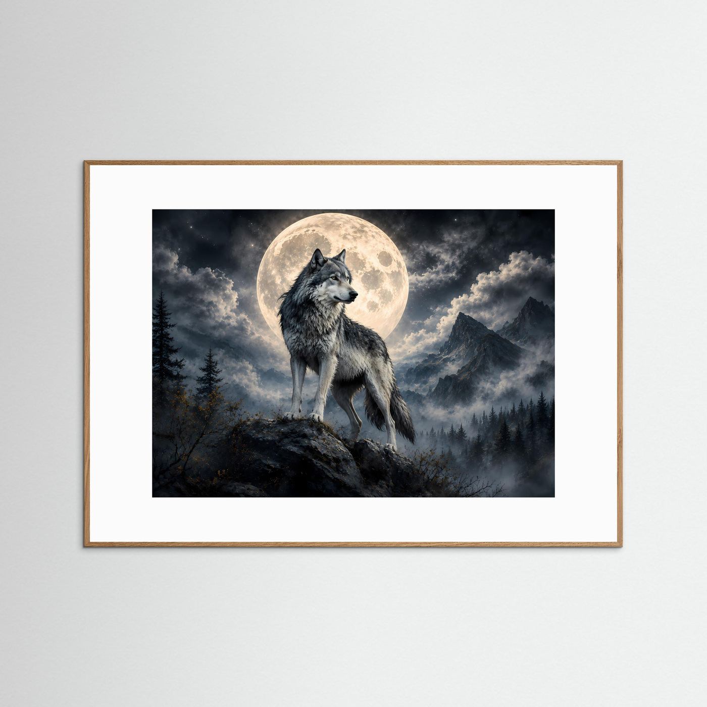 Wolf vor Vollmond Poster | Mystische Berglandschaft bei Nacht | Majestätischer Wolf Wandbild | Mondlicht Naturkunst | Premium Leinwand & Wall Art