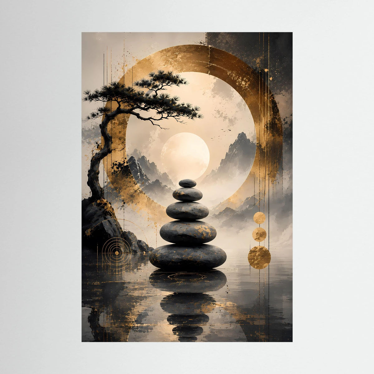 Meditationsposter im Hochformat mit Stapel dunkler Zen-Steine, Mondkreis und Berglandschaft