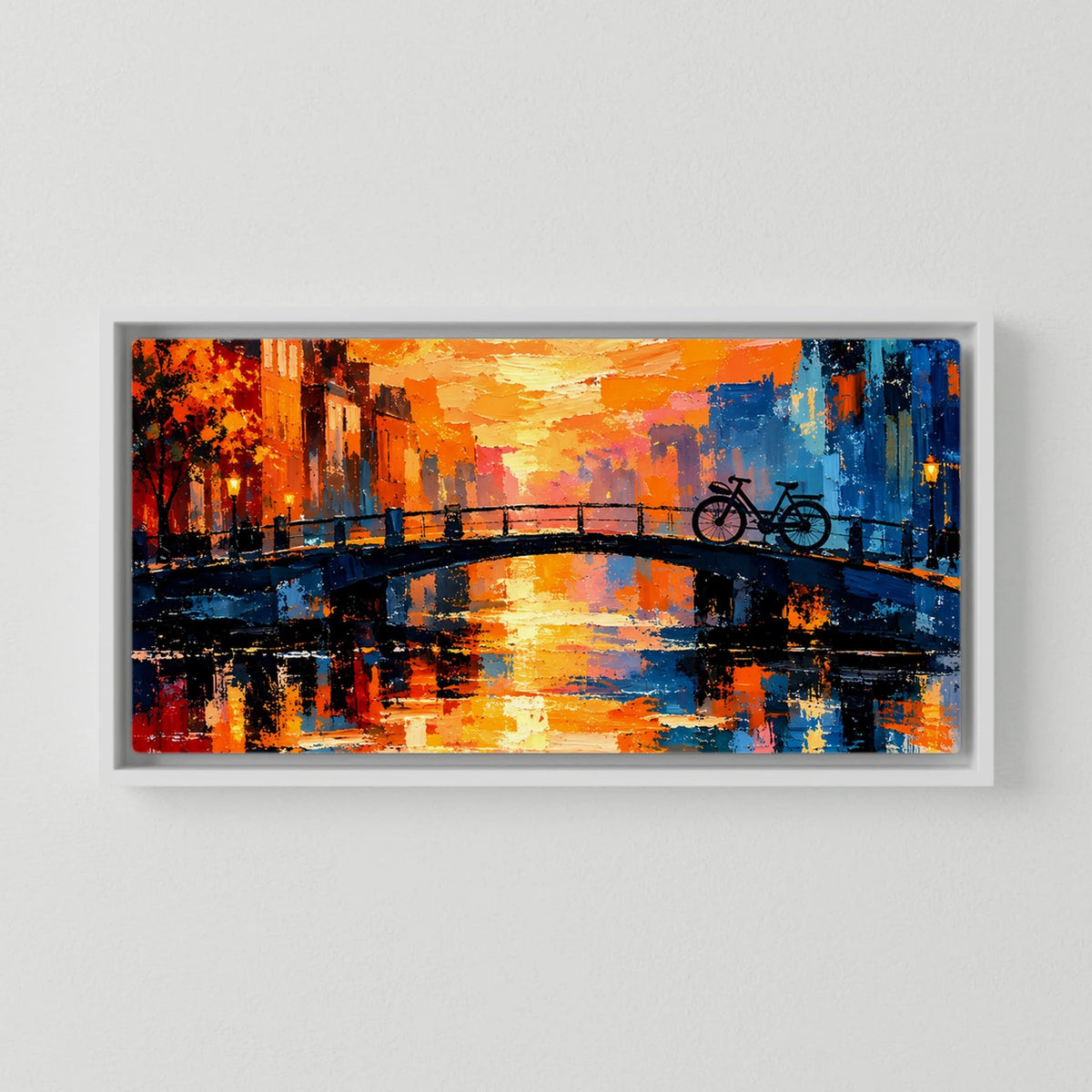 Leinwand Abstraktes Amsterdam Gemälde | Modernes Romantisches Grachten Wandbild mit Fahrrad