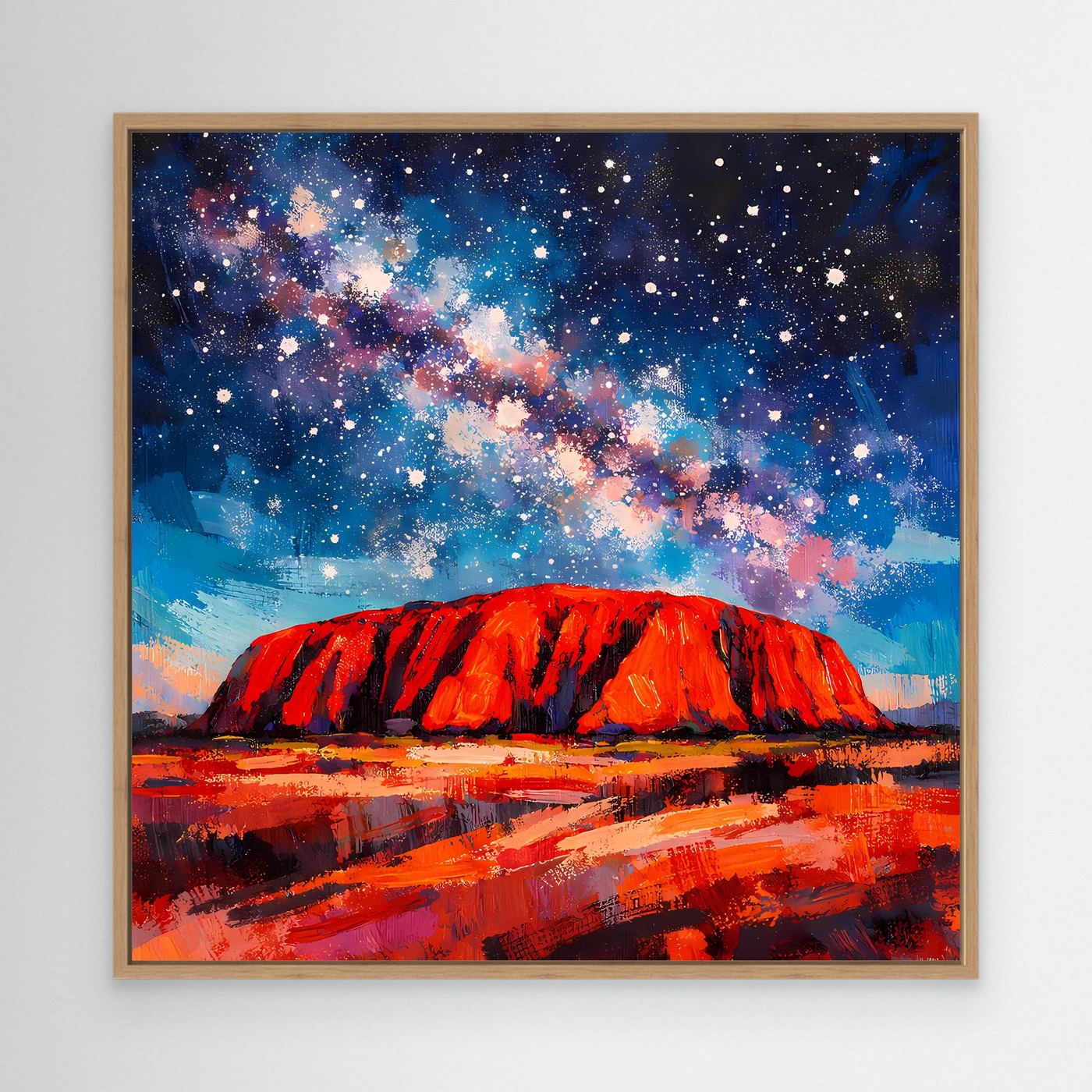 Abstraktes Wandbild auf Leinwand mit Eichenrahmen: roter Felsen unter Sternenhimmel.