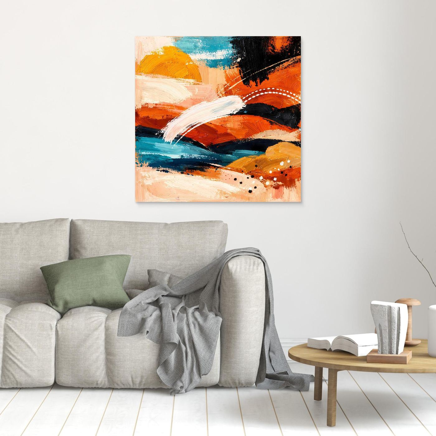 Abstract landscape wall art with teal and orange brushstrokes in a black frame