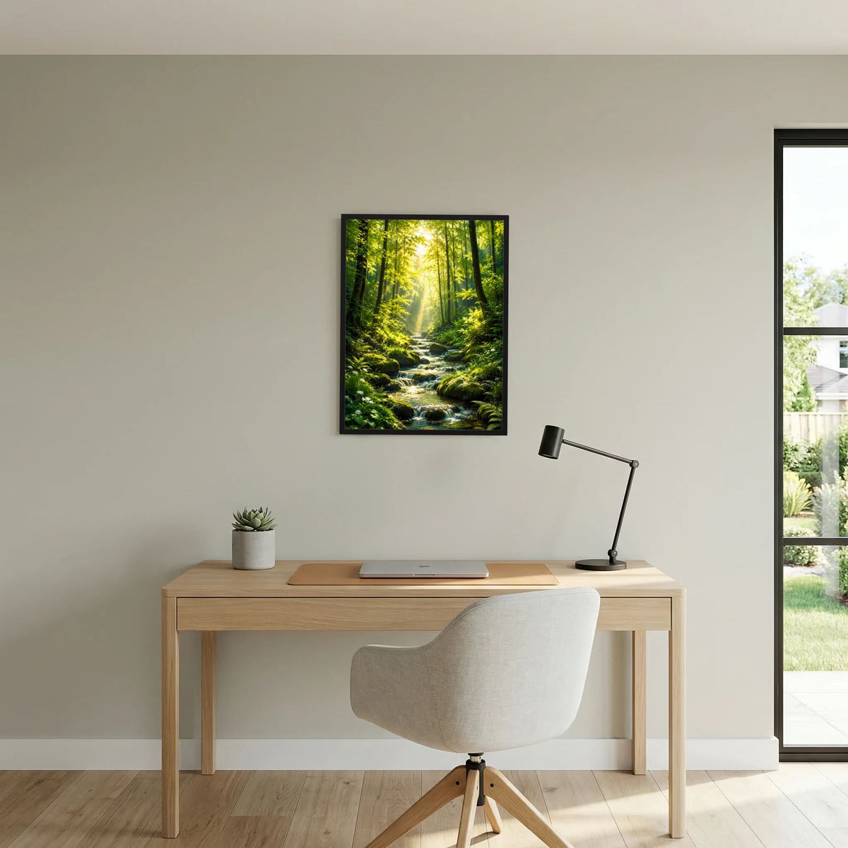 Wandposter mit Waldbach und Sonnenstrahlen im grünen Wald, schwarzer Rahmen