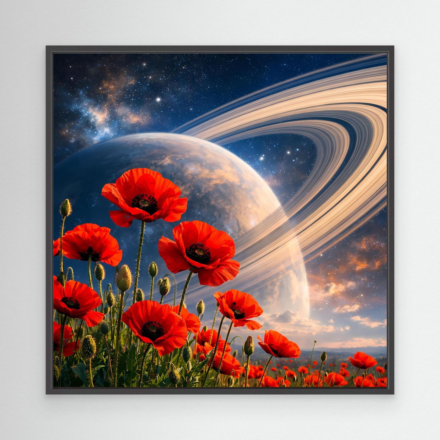 Leinwandbild mit roten Mohnblumen und Weltall-Motiv im schwarzen Rahmen
