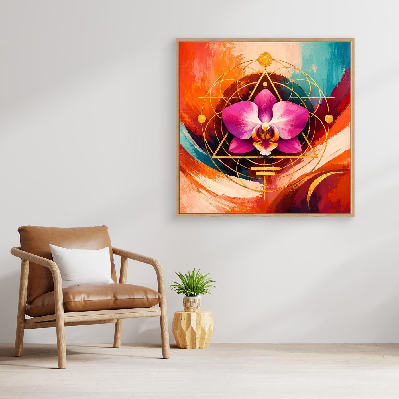 Quadratisches Leinwandbild mit lila Orchidee und Geometrie-Rahmen aus goldenen Konturen