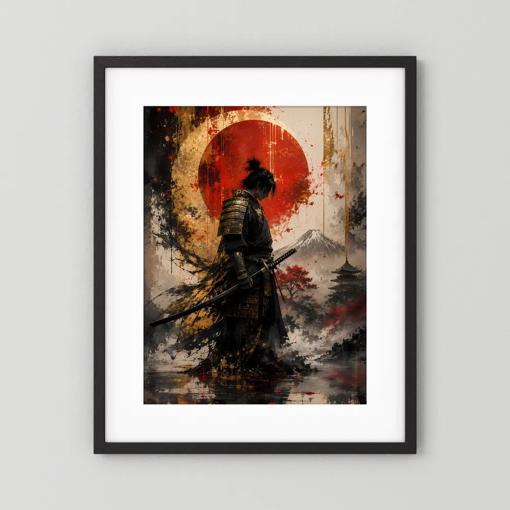 Gerahmtes Samurai-Kunstposter im Hochformat mit schwarzem Rahmen und weißem Rand.