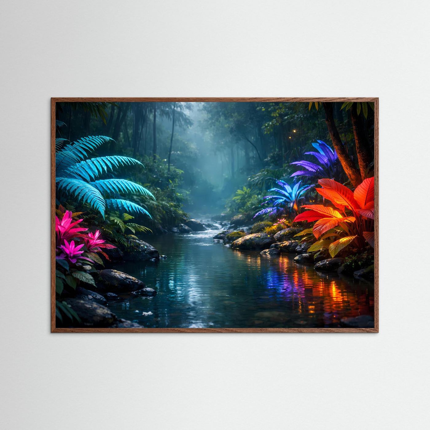 Querformat-Poster mit Tropenlandschaft am Fluss, brauner Holzrahmen