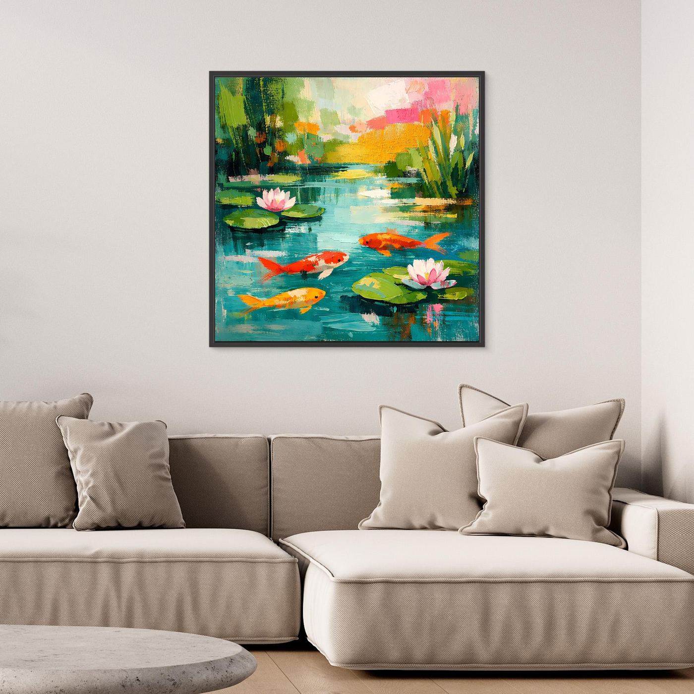 Abstract koi pond wall art with black frame, koi fish and lily pads with flowers