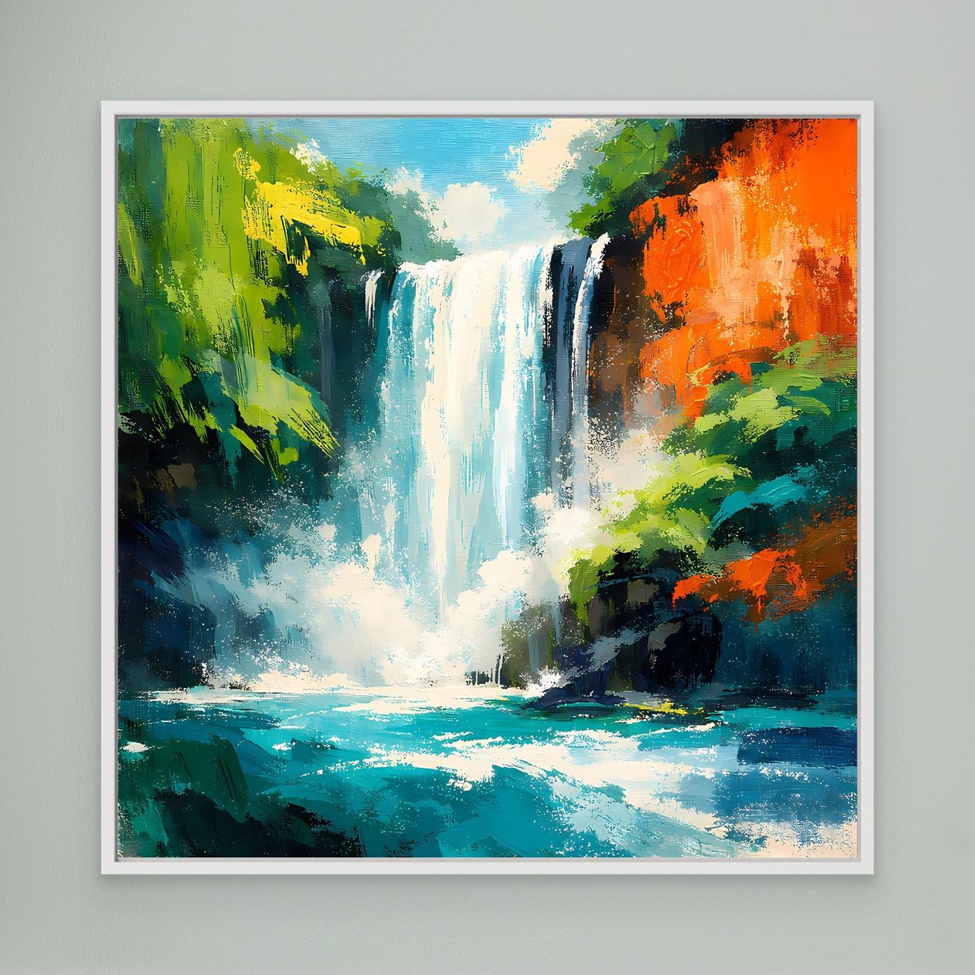 Leinwandbild mit tropischem Wasserfall im Dschungel, weißer Rahmen