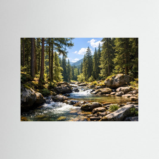 Naturpanorama-Poster mit rauschendem Bach im Wald, Querformat