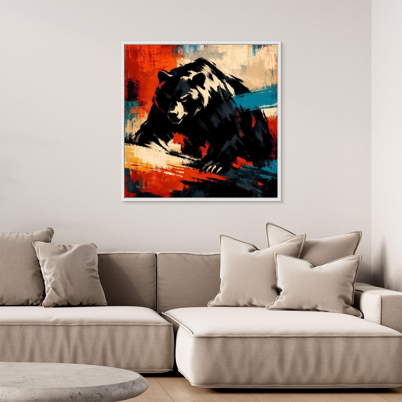 Abstraktes Leinwand-Wandbild: Grizzlybär in Schwarz, Rot und Blau, expressive Pinselstriche, mit Rahmen