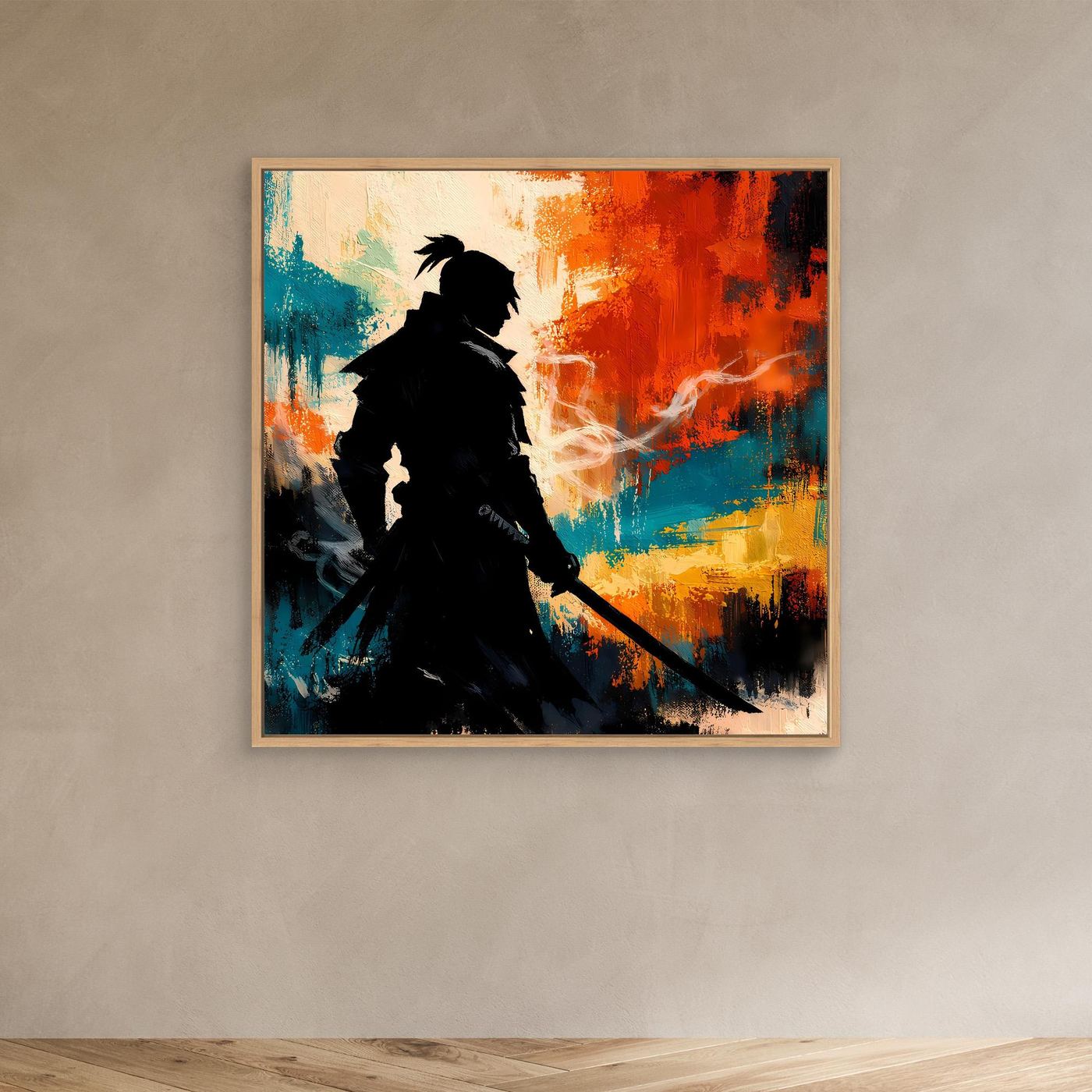 Samurai-Wandbild mit Eichenrahmen, schwarze Silhouette mit Schwert in bunten Pinselstrichen