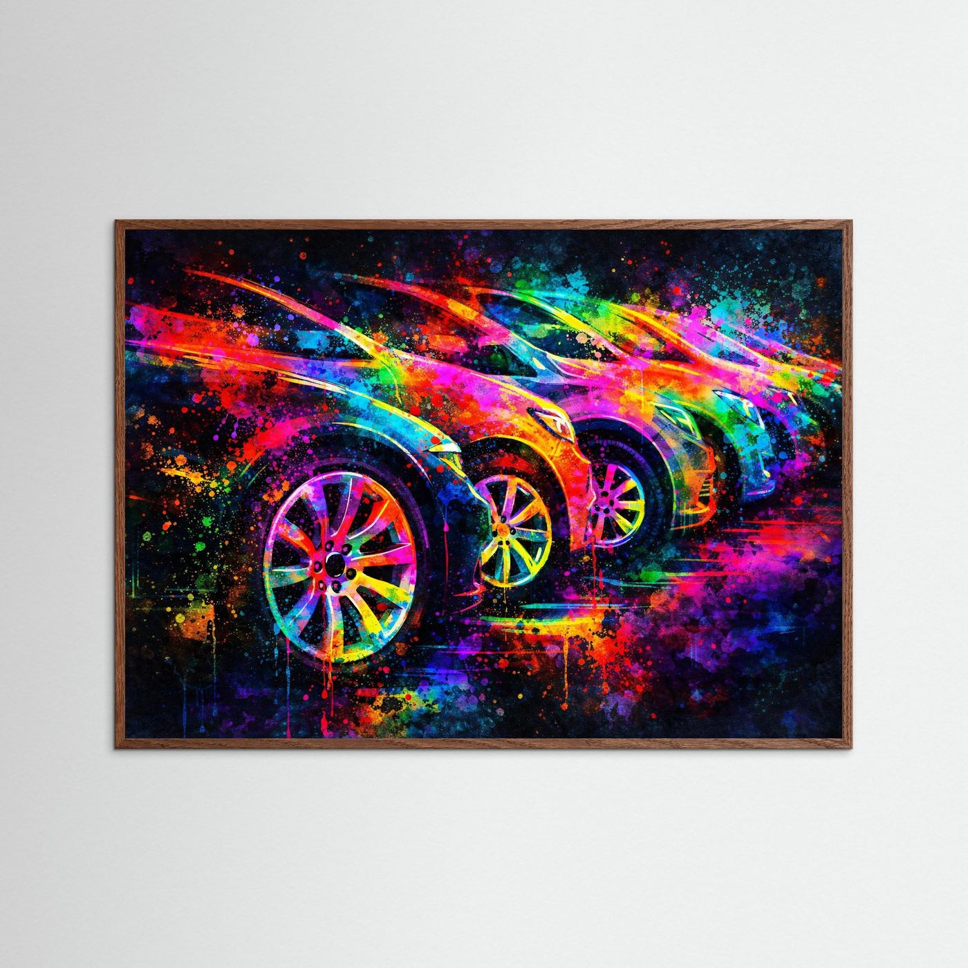 Sportwagen-Wandbild mit bunten Licht- und Farbspritzern, braun eingefasst