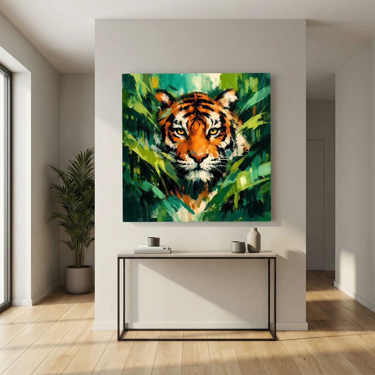 Leinwand Abstraktes Tiger Gemälde | Modernes Wandbild Raubkatze Dschungel Grün Orange