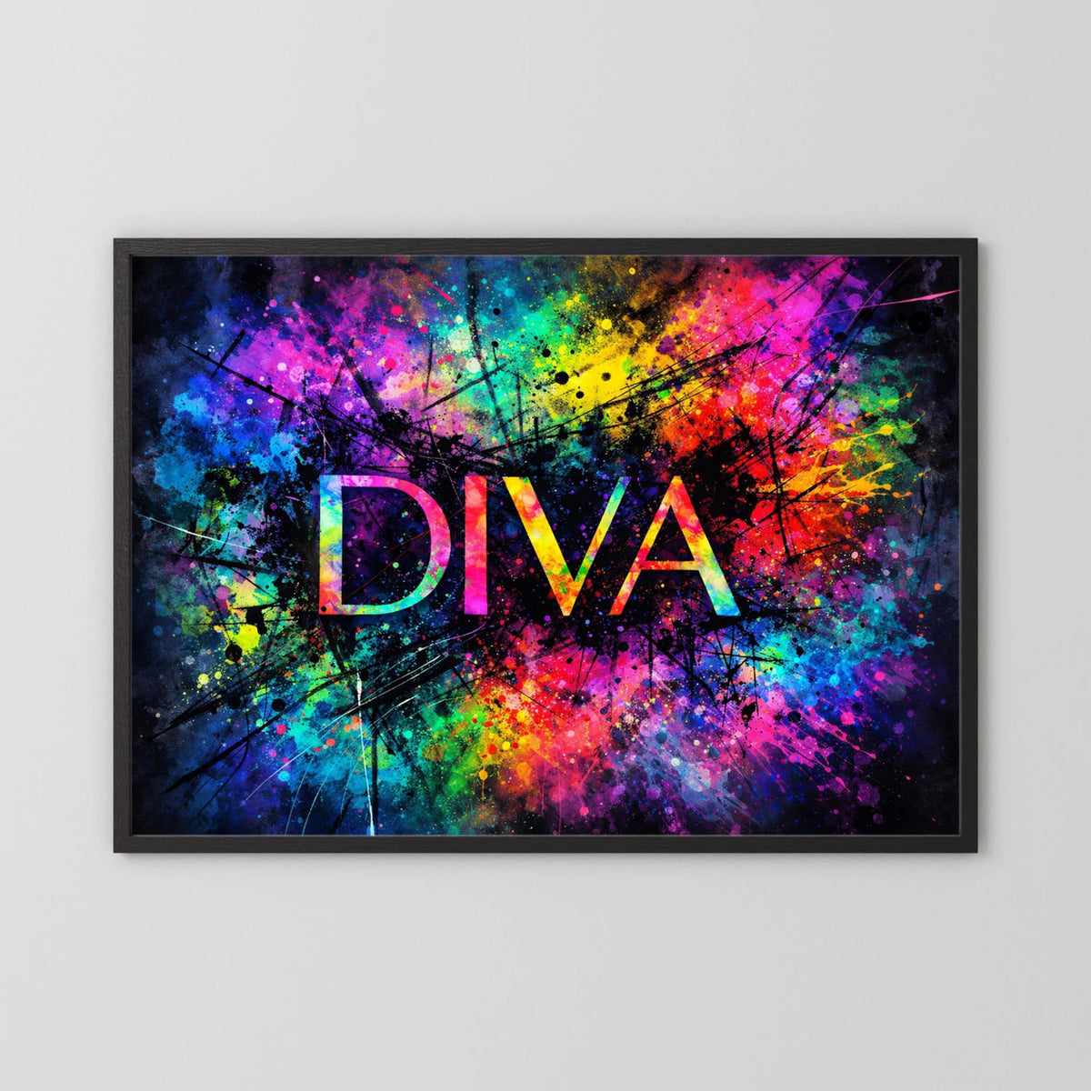 Wandbild „DIVA“ mit abstraktem Farbverlauf, im schwarzen Rahmen, querformatig
