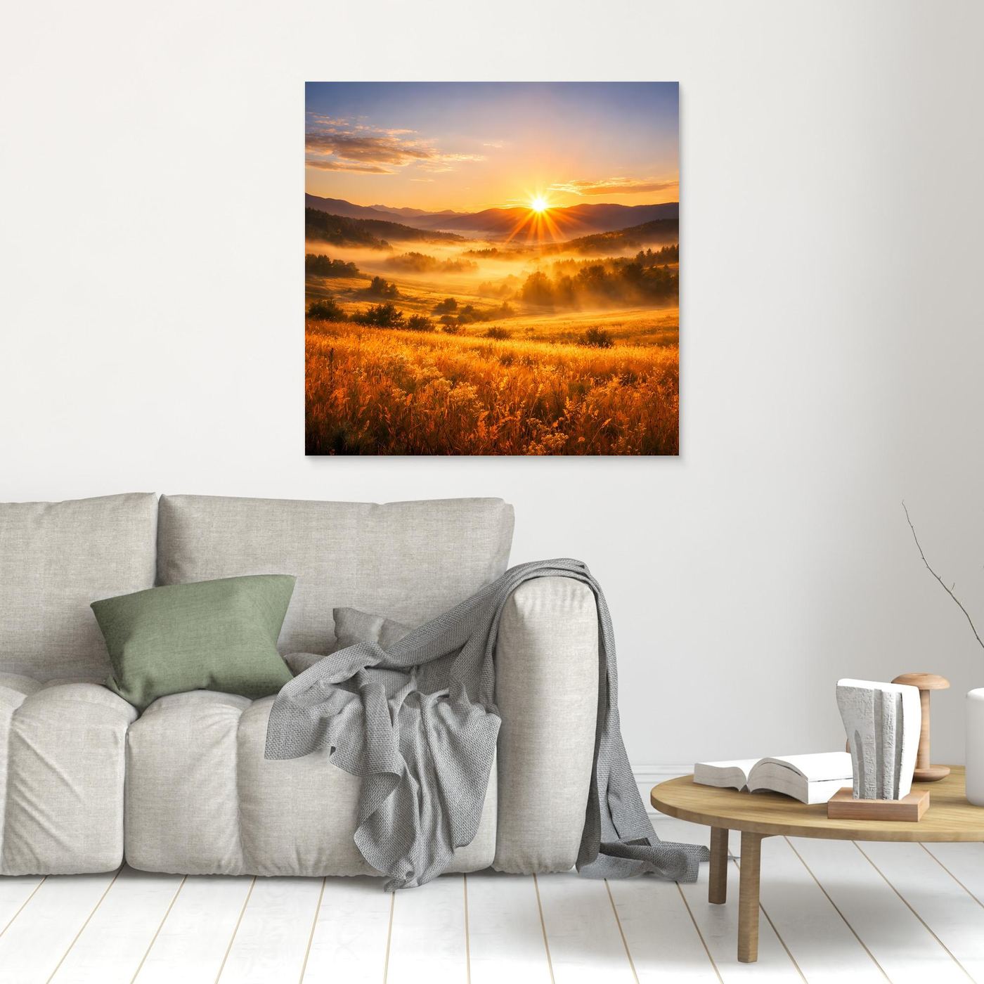 Leinwandbild mit Sonnenaufgang über goldenem Bergtal, ohne sichtbaren Rahmen