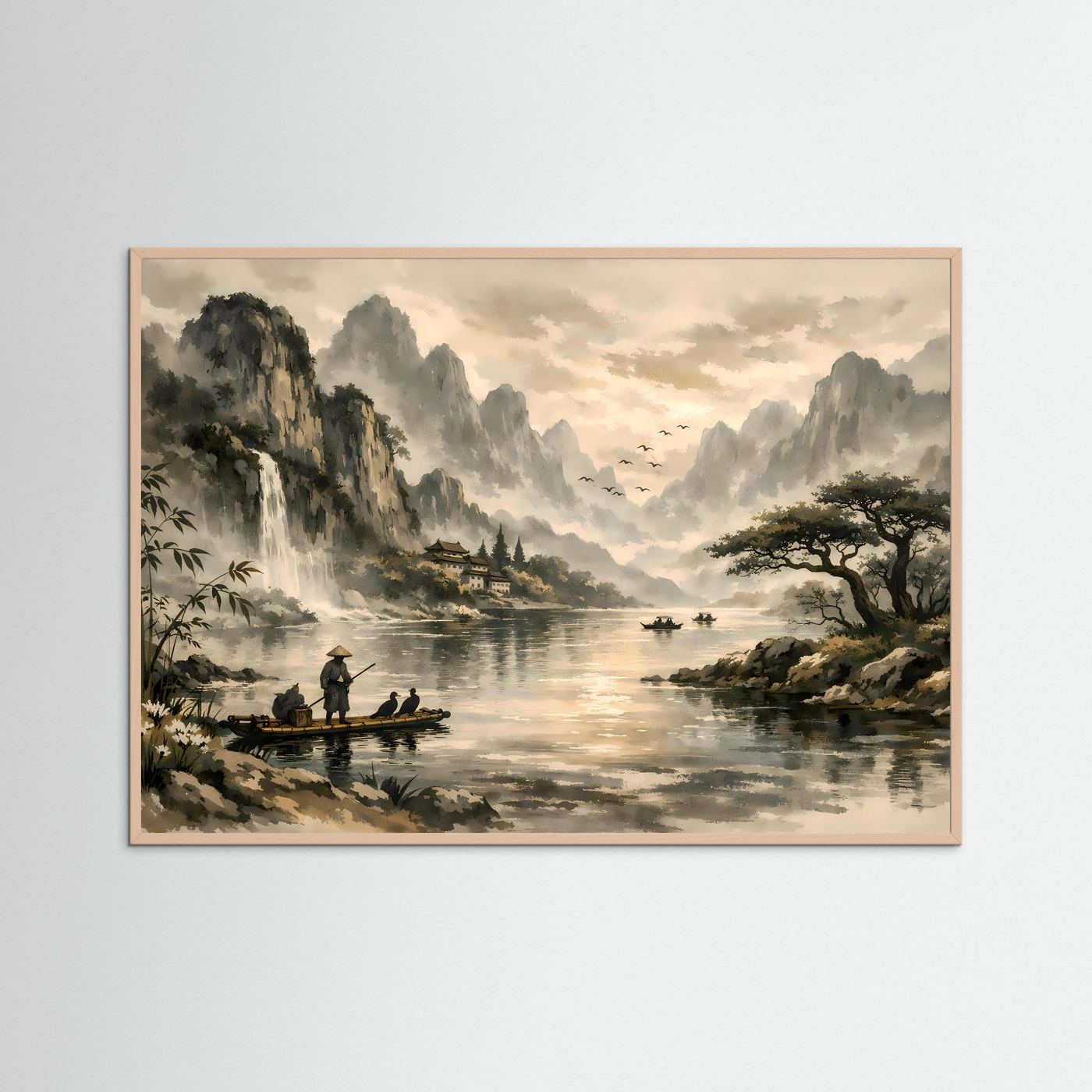 Traditionelle Asiatische Flusslandschaft | Sepia & Natur Kunst Poster Querformat