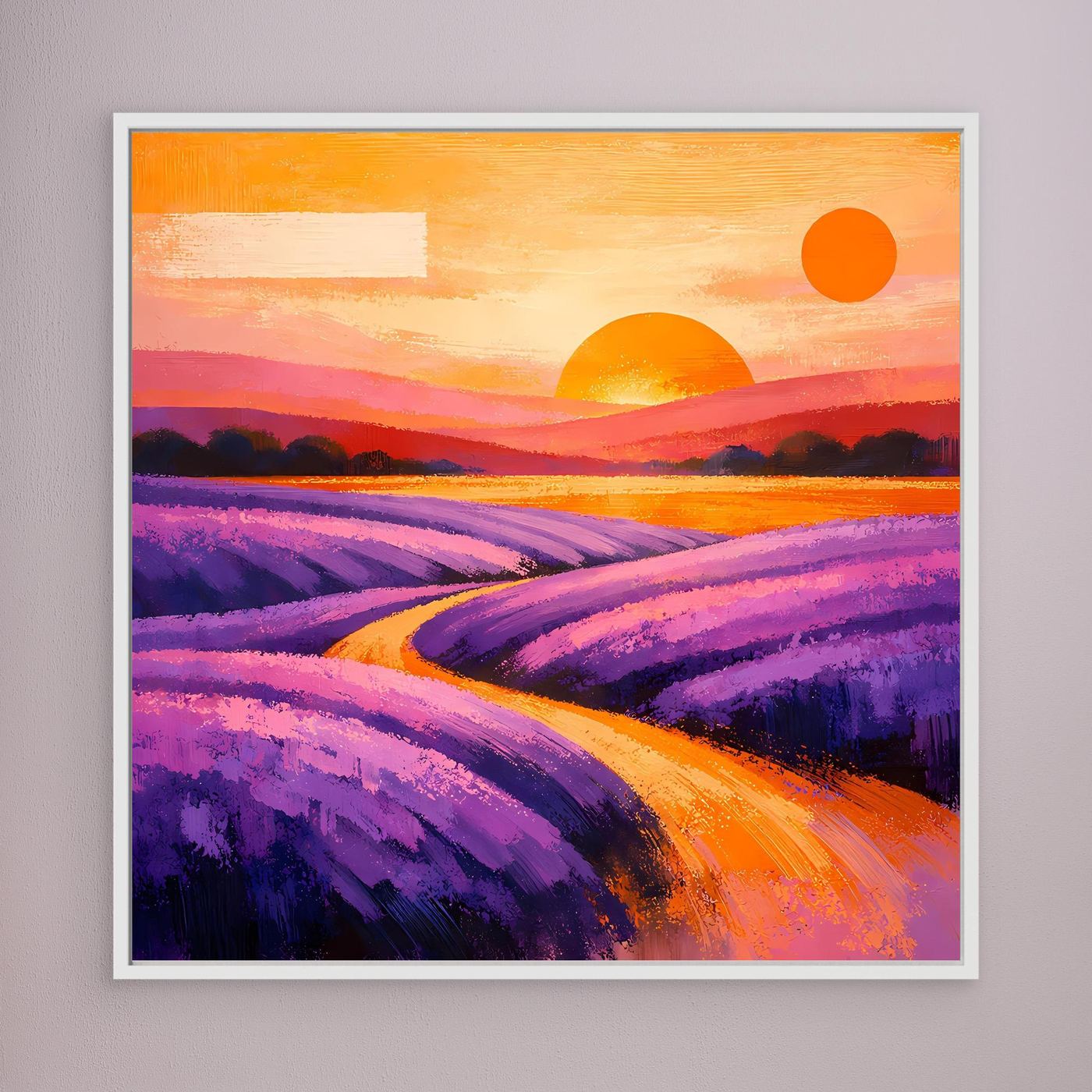 Leinwandbild mit Lavendelfeld-Illustration, weiß gerahmt; orangefarbene Wege im Feld