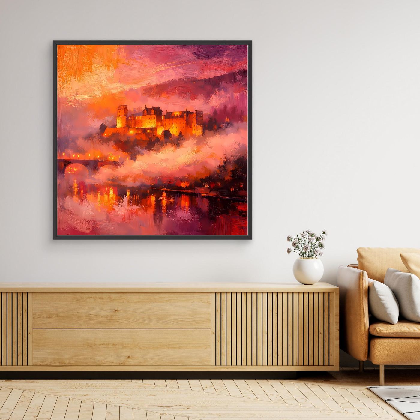 Premium Leinwand Imposantes Schloss im Abendrot | Abstraktes Castle Wandbild in feurigen Farben