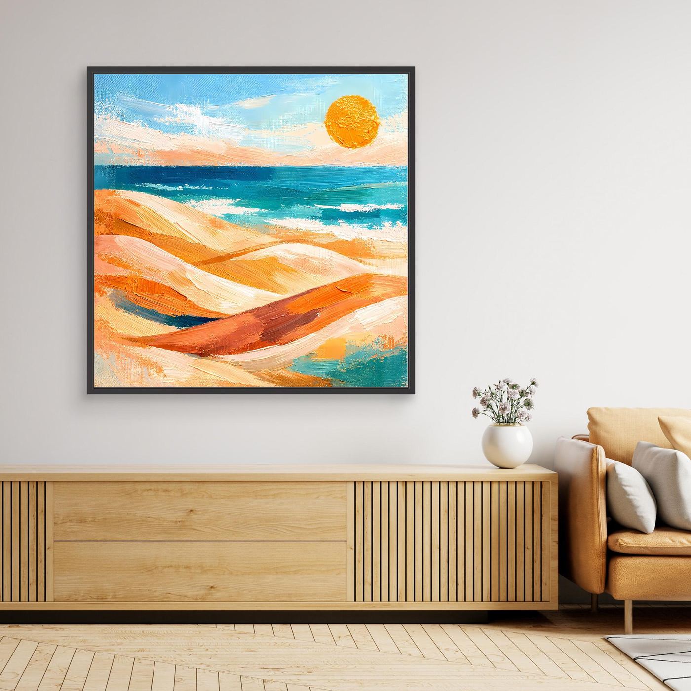 Gerahmtes Leinwandbild mit schwarzen Rahmen, abstrakten Dünen, Meer und Sonne