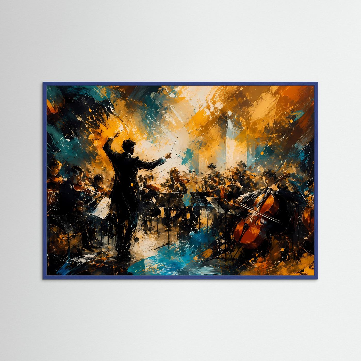 Musik-Kunstposter Querformat mit blauem Rahmen: abstraktes Orchester im Licht