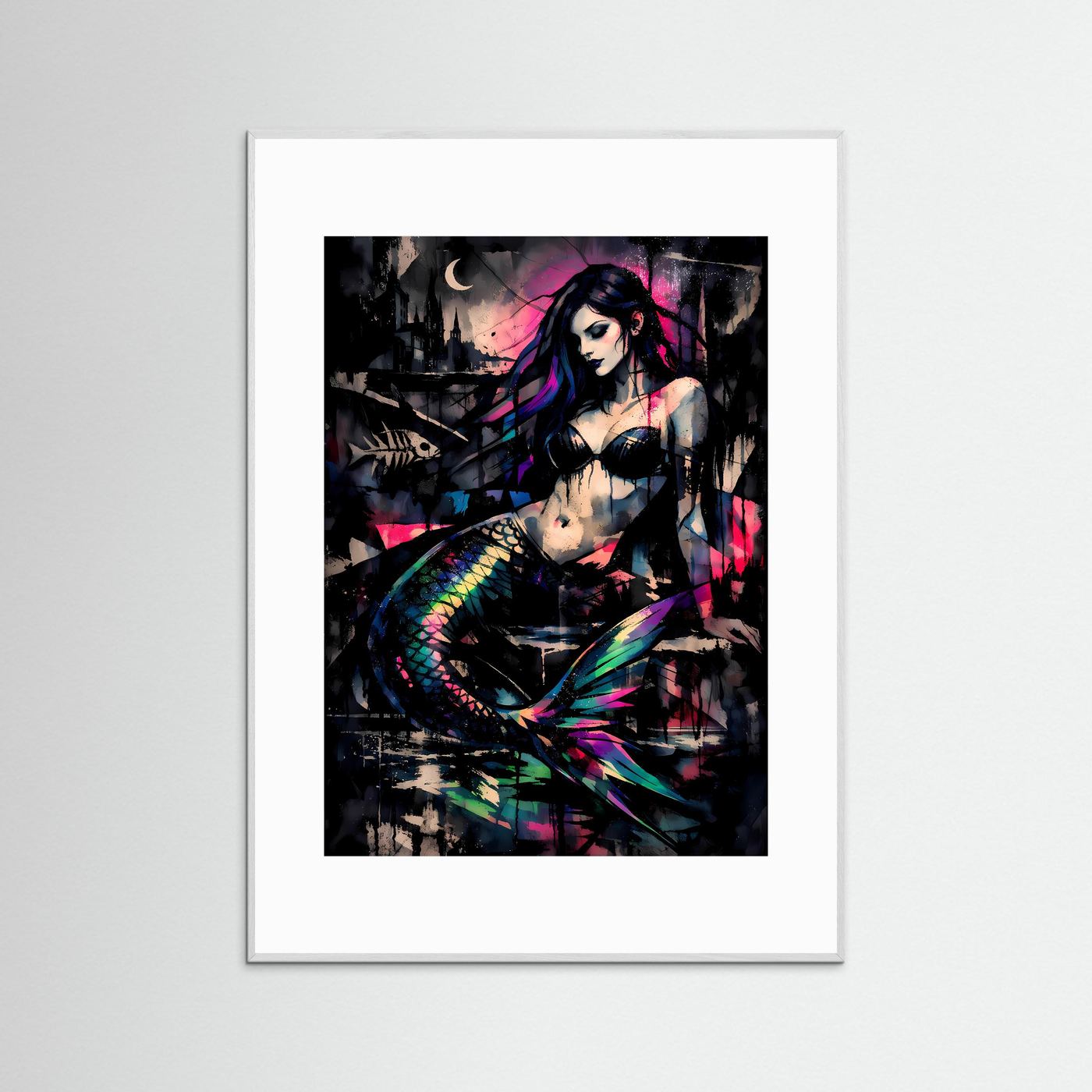 The Dark Mermaid | Luxuriöses Meerjungfrauen Poster Bunt & Schwarz | Abstraktes Sirenen Kunstposter Hochformat
