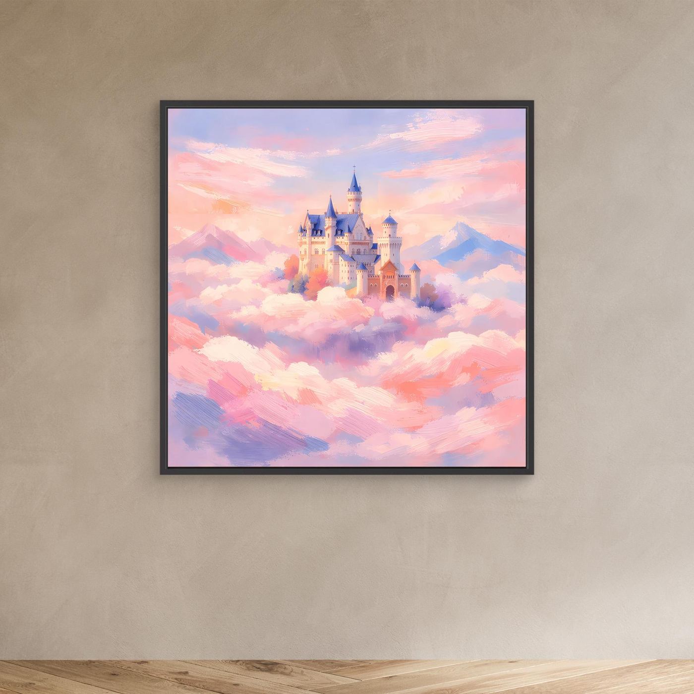 Leinwand Schloss Neuschwanstein über Wolken | Märchenhafte Pastelltöne Wandbild