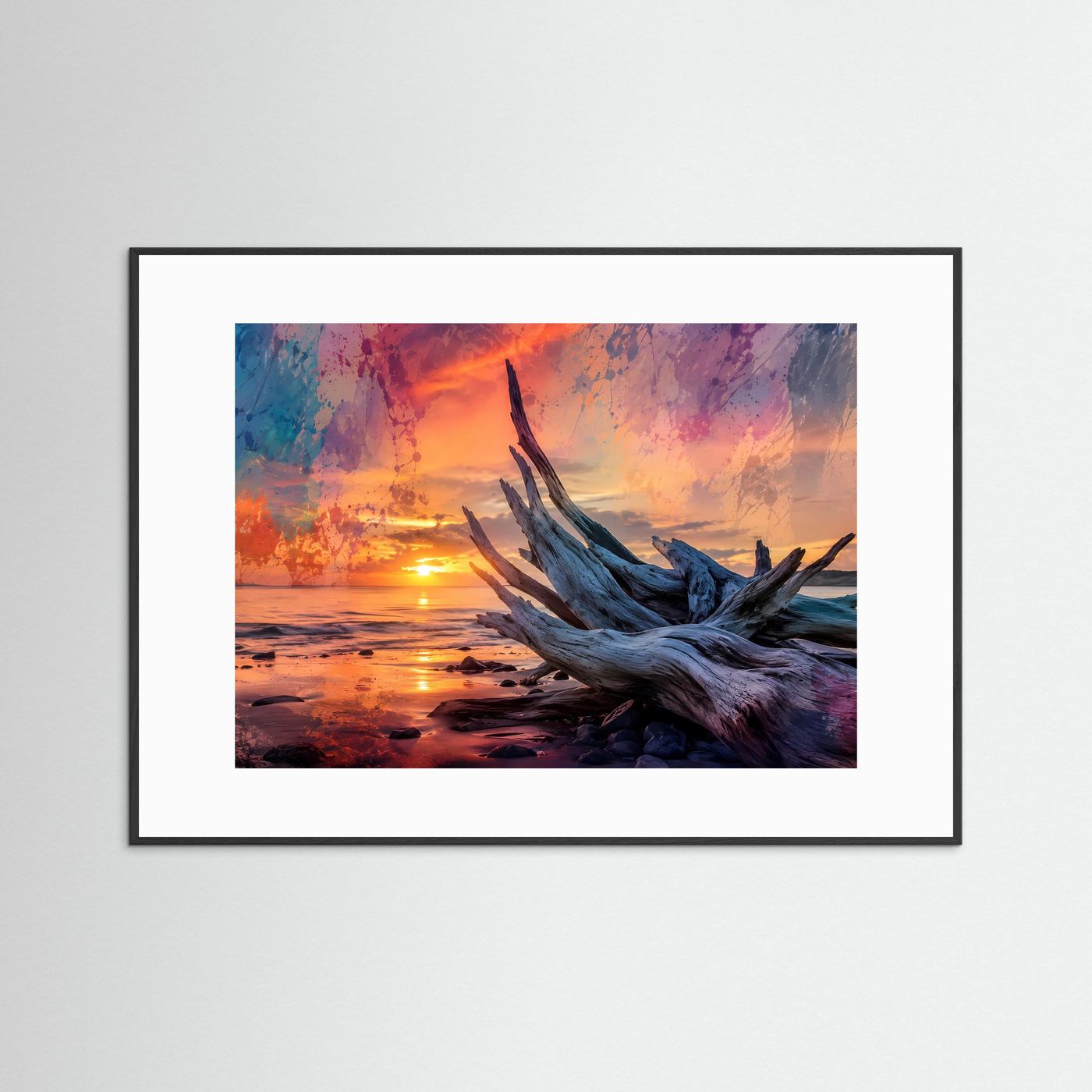 Treibholz am Strand bei Sonnenuntergang | Modernes Küsten & Natur Poster im Querformat