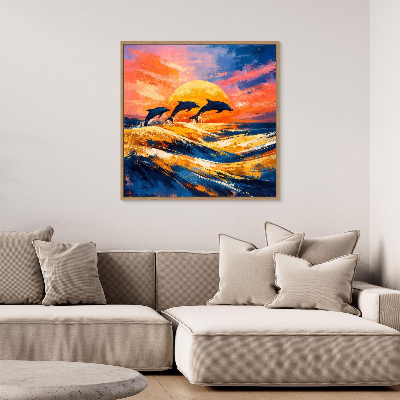 Leinwand Springende Delphine im Sonnenuntergang | Abstraktes Ozean & Meer Wandbild