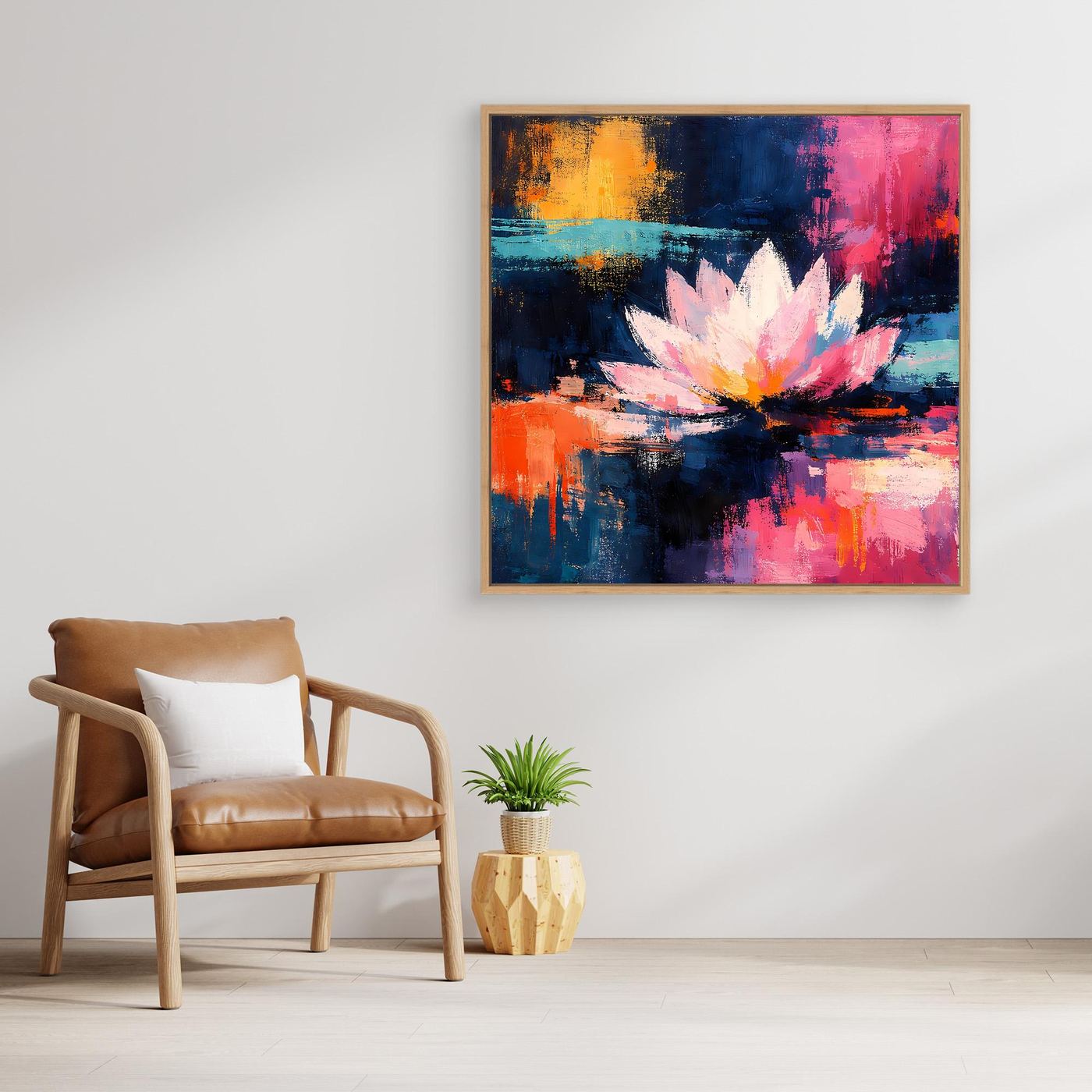 Gerahmtes Leinwandbild mit Holzrahmen: leuchtende Lotusblüte in Pink und Weiß auf Blau-Rot-Akzenten.