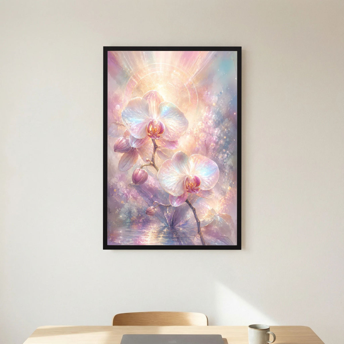 Hochformat-Orchideenposter mit Pastelltönen und leuchtendem Motiv im schwarzen Rahmen