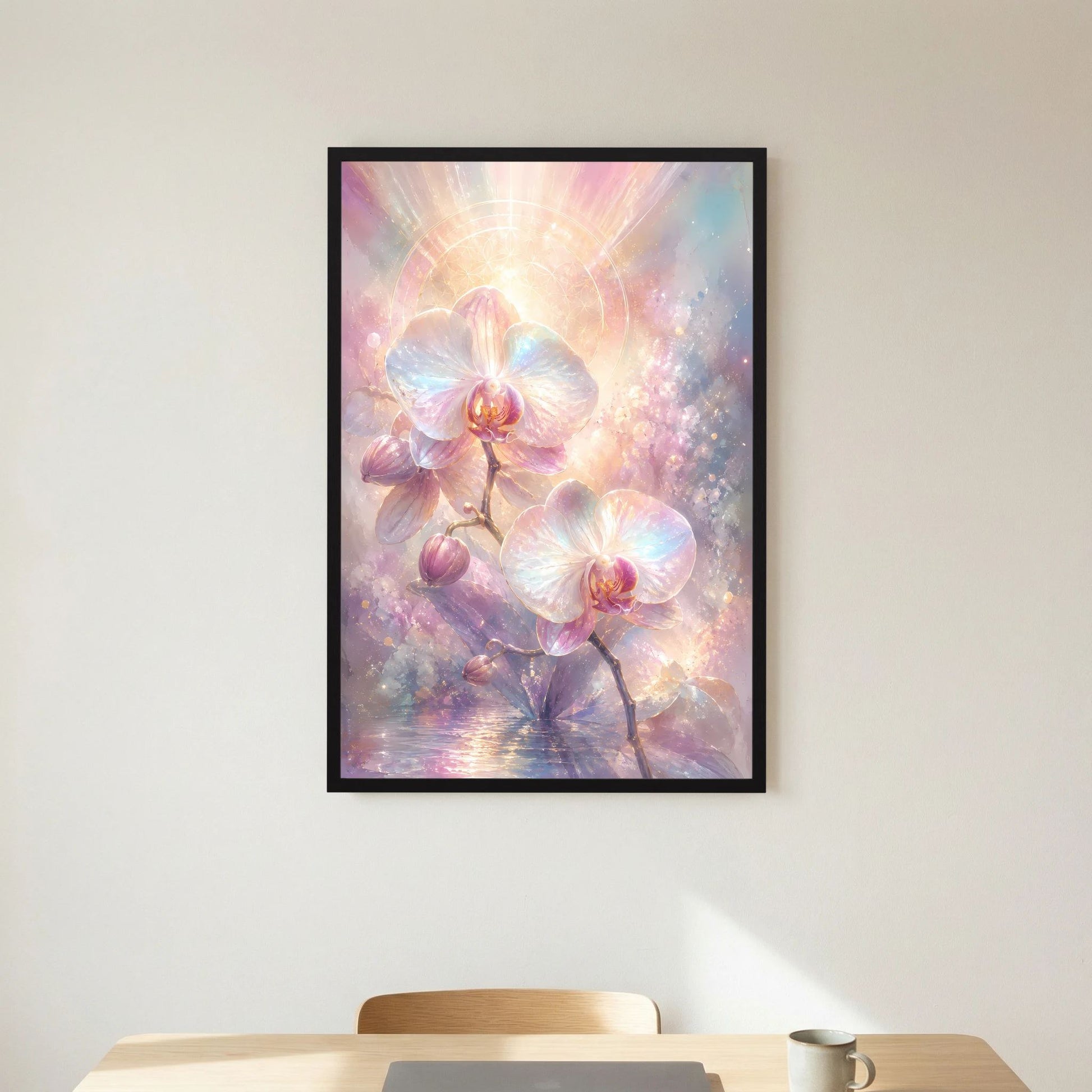Hochformat-Orchideenposter mit Pastelltönen und leuchtendem Motiv im schwarzen Rahmen