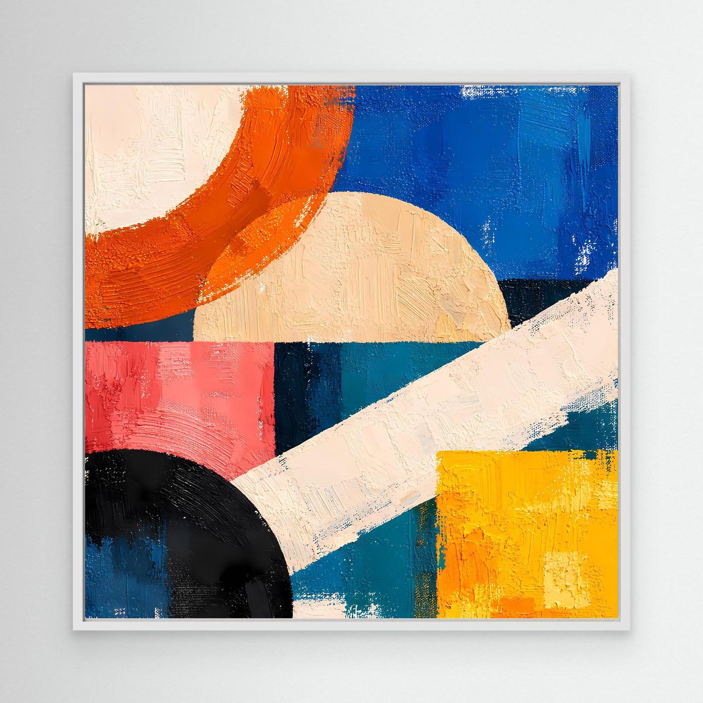 Canvas abstract geometric painting with white frame, orange blue red yellow black shapes