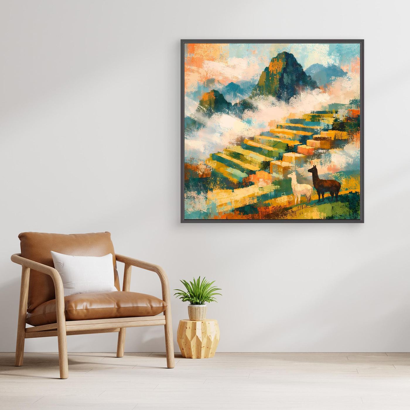 Leinwand-Wandbild mit abstrakter Berglandschaft und Alpakas, mit dunklem Rahmen