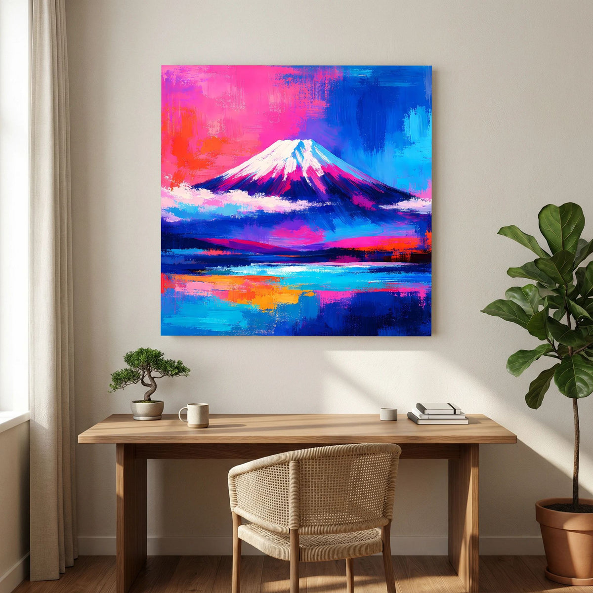 Abstraktes Leinwandbild mit Fuji-Berg, leuchtenden Blau- und Rottönen und Reflexion