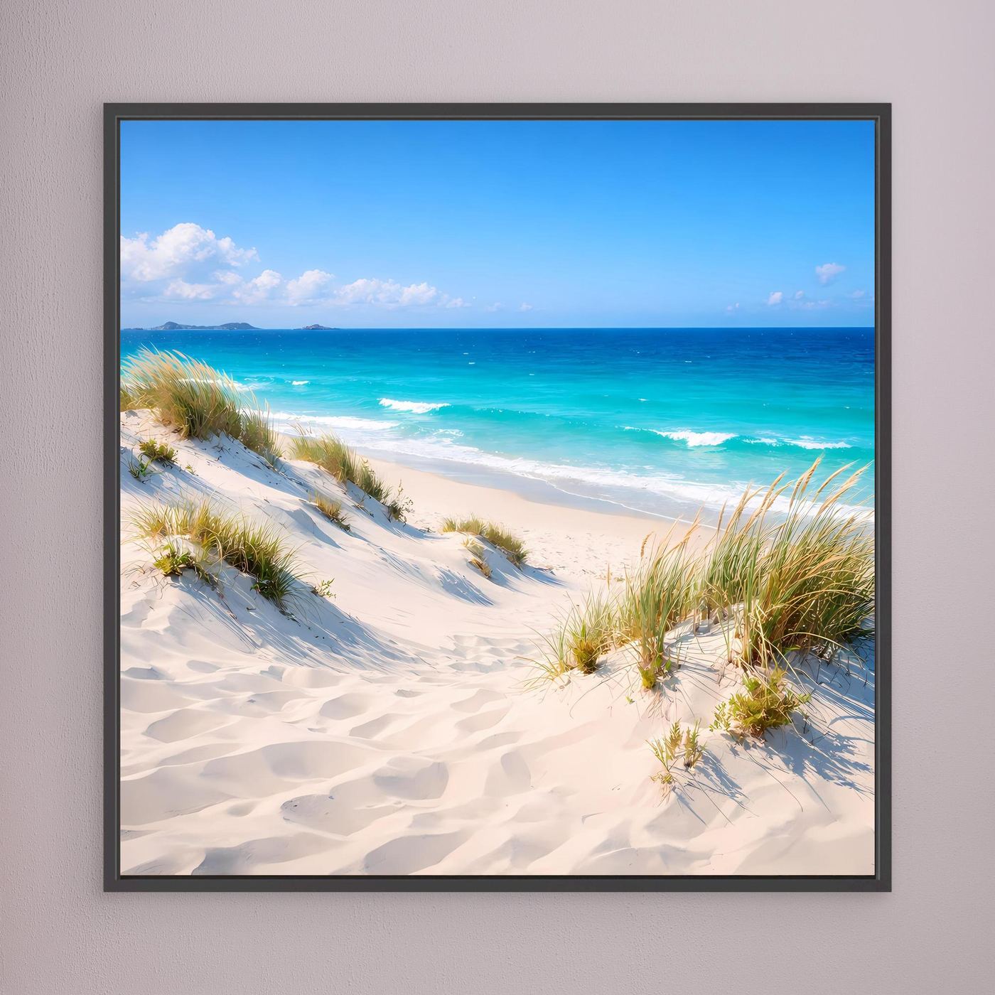 Leinwandbild mit Stranddünen, türkisblauem Meer und Wellen, schwarz gerahmt